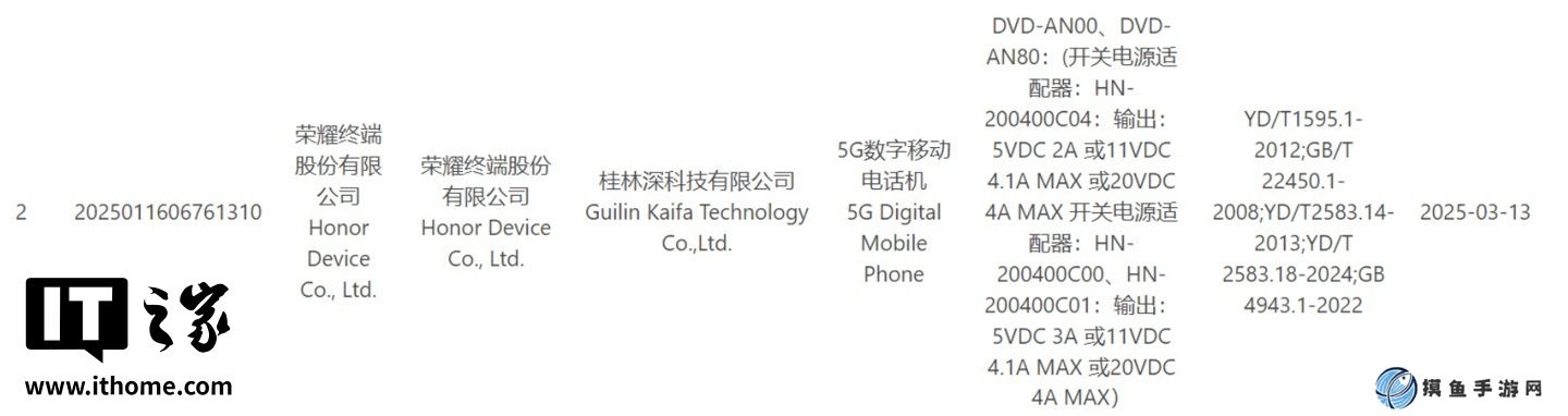 荣耀神秘新机获工信部认证：支持 80W 有线充电 + 北斗三号短报文功能、有望为 X70 Pro 手机